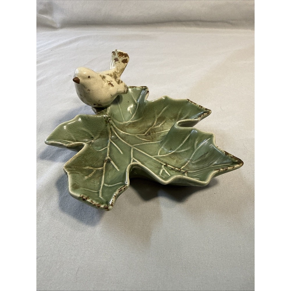 Creative Co-op Ceramic Leaf Trinket Dish with White Bird Green Farmhouse
